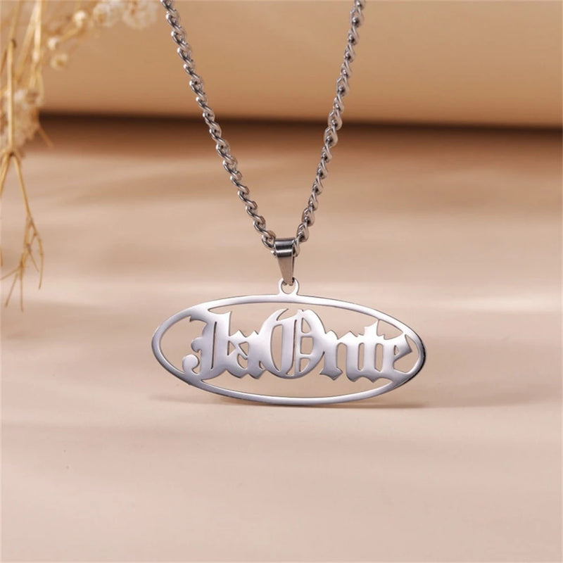 Unisex Oval Name Pendant Necklace Stainless Steel Chain