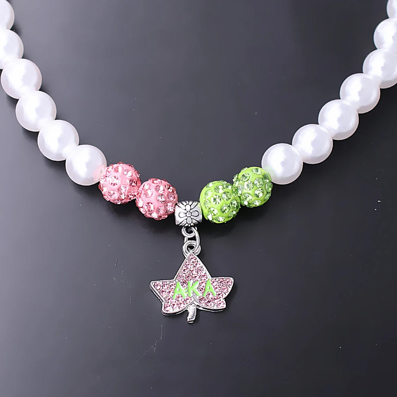 Alpha Ivy Leaf Rhinestone Pendant Pearl Choker Necklace