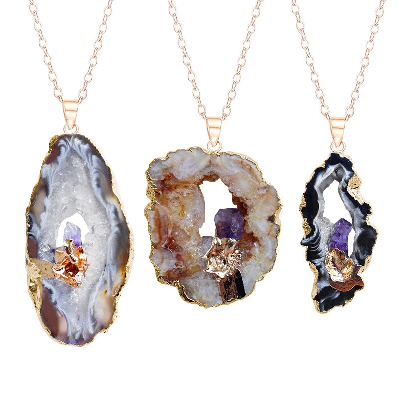 Geode Raw Stone Pendant Necklace Amethyst Agate Healing Jewelry