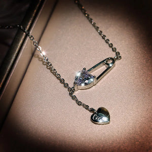 Dainty Silver Plate Safety Pin Pave Zirconia Necklace