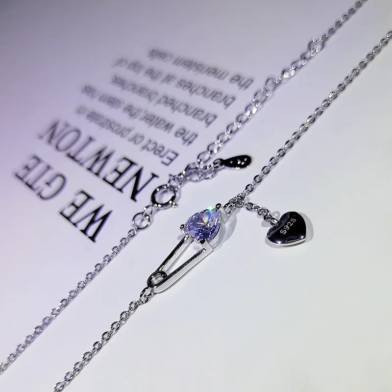 Dainty Silver Plate Safety Pin Pave Zirconia Necklace
