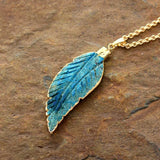 Unique Ocean Jasper Leaf Pendant Necklace Plated Chain Women Lariat Collier