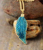 Unique Ocean Jasper Leaf Pendant Necklace Plated Chain Women Lariat Collier