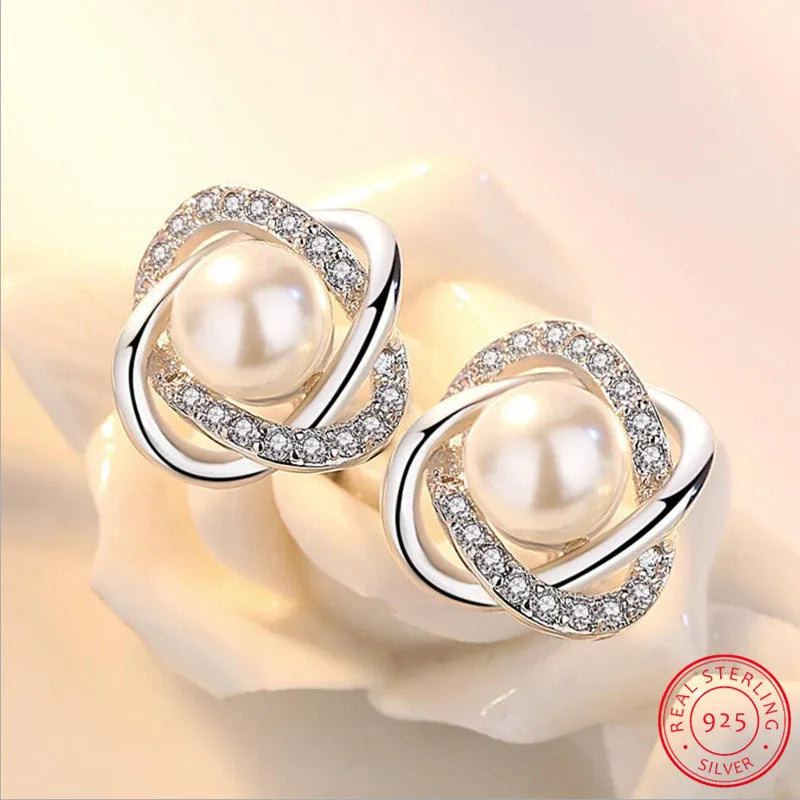 925 Sterling Silver Zirconia Pearl Twist Stud Earrings