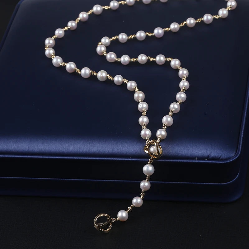 Natural Freshwater Pearl Necklace Long Sweater Chain Plated Bead