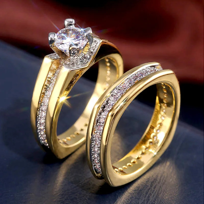 Round Zirconia Crystal Wedding Ring Set for Women 2Pcs