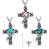 Cross Urn Necklace with Heart Inlaid Birthstone