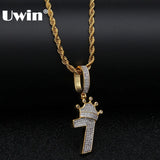Uwin Bling Number 7 Crown Necklace Men Iced CZ Charm Silver Chain Pendant