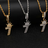 Uwin Bling Number 7 Crown Necklace Men Iced CZ Charm Silver Chain Pendant