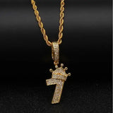Uwin Bling Number 7 Crown Necklace Men Iced CZ Charm Silver Chain Pendant