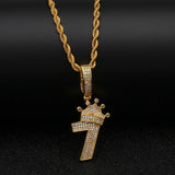 Uwin Bling Number 7 Crown Necklace Men Iced CZ Charm Silver Chain Pendant