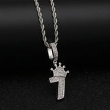 Uwin Bling Number 7 Crown Necklace Men Iced CZ Charm Silver Chain Pendant
