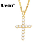 Uwin CZ Cross Pendant Necklace Silver Hiphop Jewelry with 24'' Cuban Link Chain