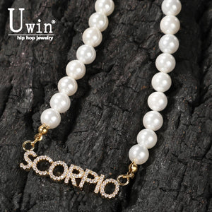 Uwin Name Necklace Mini Letter Pearl Chain 8mm CZ Hiphop Jewelry