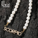 Uwin Name Necklace Mini Letter Pearl Chain 8mm CZ Hiphop Jewelry