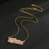 Uwin Name Necklace Rhinestone Enamel Pendant Pink Bule Chain Gift