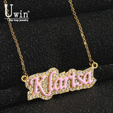 Uwin Name Necklace Rhinestone Enamel Pendant Pink Bule Chain Gift