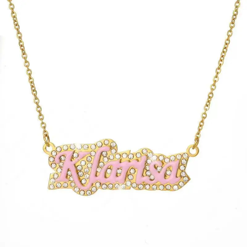 Uwin Name Necklace Rhinestone Enamel Pendant Pink Bule Chain Gift