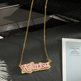 Uwin Name Necklace Rhinestone Enamel Pendant Pink Bule Chain Gift