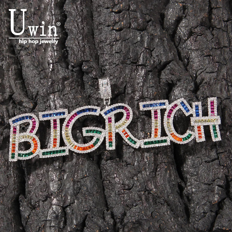 Uwin Rainbow Baguette Letters Name Necklace CZ Letter Pendant Colorful