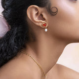 Uworld Carnelian Inlaid Love Pearl Earrings Ring Set