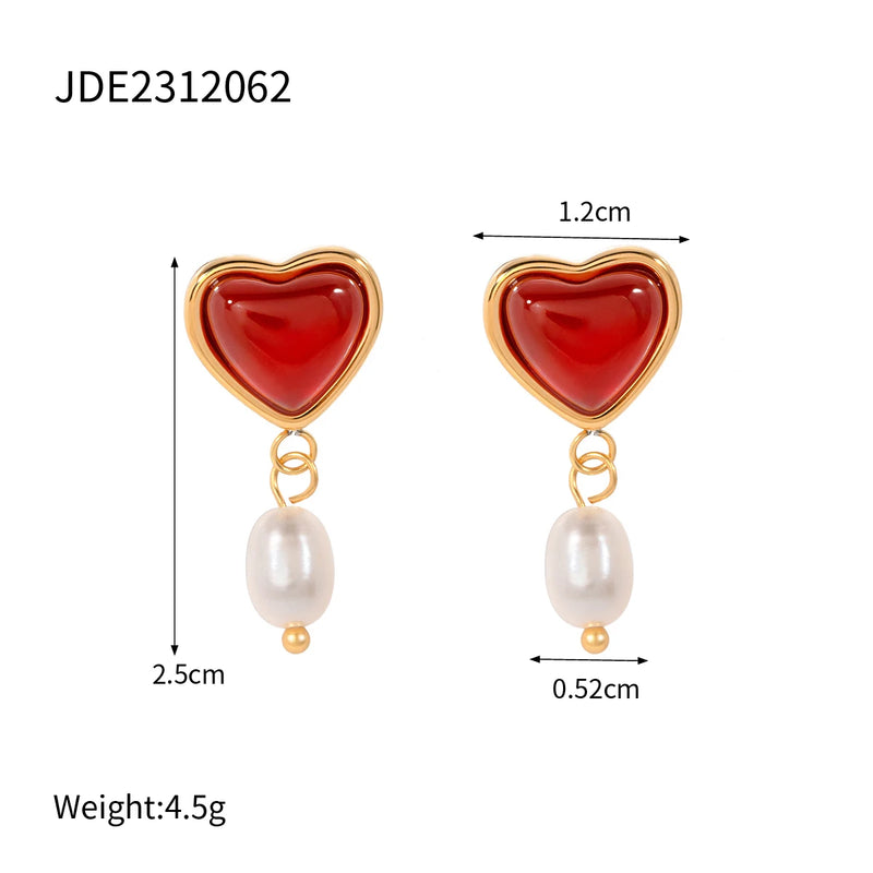 Uworld Carnelian Inlaid Love Pearl Earrings Ring Set