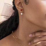 Uworld Carnelian Inlaid Love Pearl Earrings Ring Set