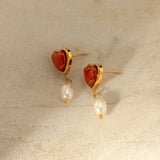 Uworld Carnelian Inlaid Love Pearl Earrings Ring Set