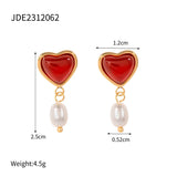 Uworld Carnelian Inlaid Love Pearl Earrings Ring Set