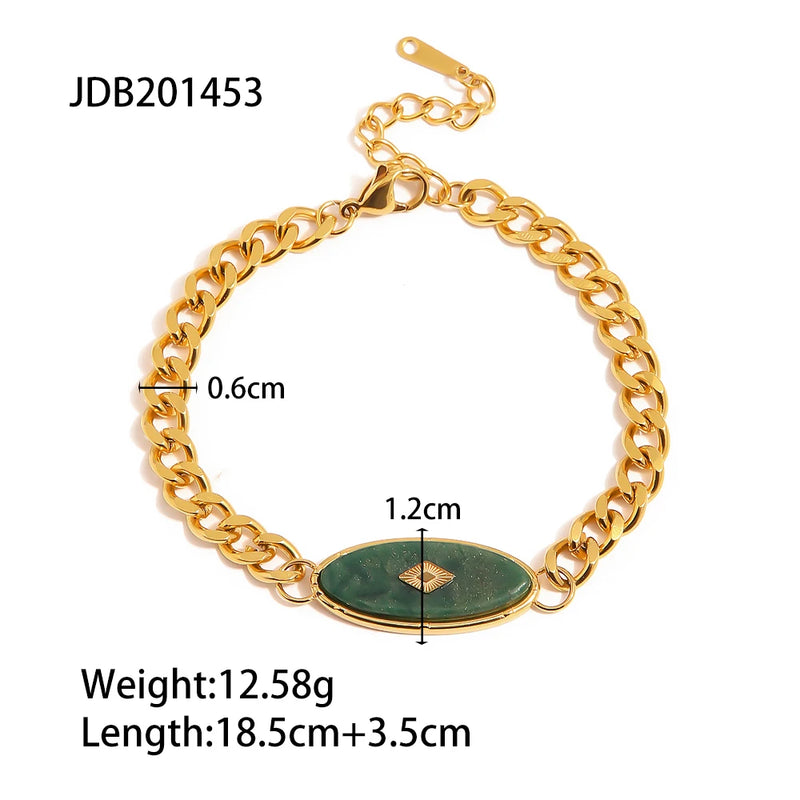 Chunky 18k Plated Stainless Steel Cuban Chain Natural Jade Bracelet