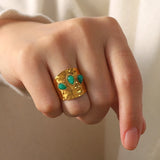 Textured Brass Cuff with Green Agate Stones Ring