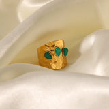Textured Brass Cuff with Green Agate Stones Ring