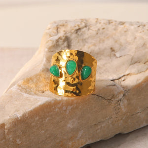 Textured Brass Cuff with Green Agate Stones Ring