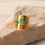 Textured Brass Cuff with Green Agate Stones Ring