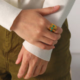 Textured Brass Cuff with Green Agate Stones Ring