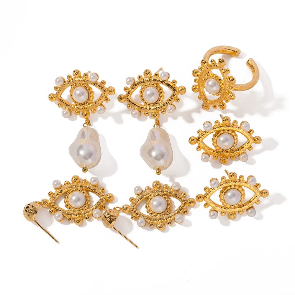 Uworld Evil Glass Pearl 18k Huggie Hoop Earrings