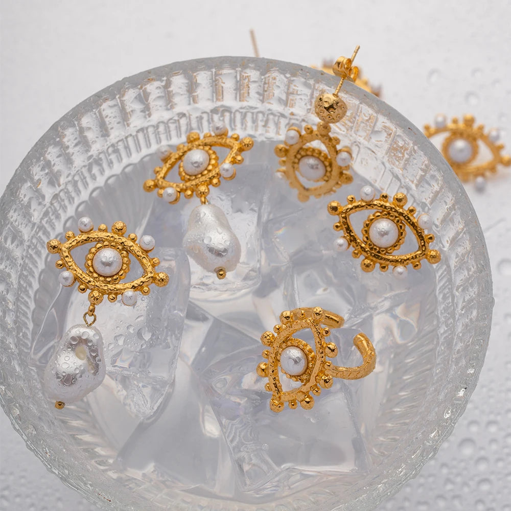 Uworld Evil Glass Pearl 18k Huggie Hoop Earrings