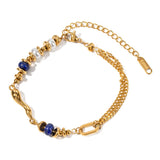 Uworld Lapis Stone Seed Pearl Bracelet Stainless Steel Beads Bangle