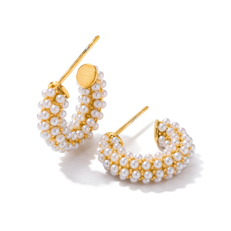 Uworld Stainless Steel Pearl Mini C Hoop Earrings for Women