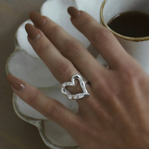Uworld Stainless Steel Heart Ring Minimalist Metal Texture 18 K Finger Ring