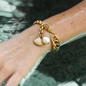 Uworld Freshwater Pearl Bracelet 18K Plated Cuban Chain Chunky Pulseras
