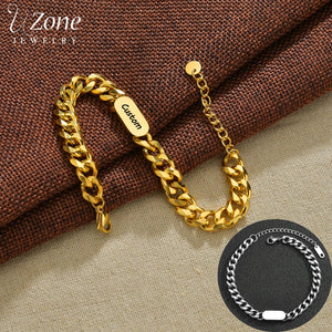 Uzone Engraved Name Bracelets Personalised for Couple Cuban Thick Chain