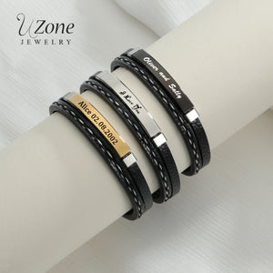 Personalized Stainless Steel Leather Bracelet - Custom Engraved Name & Date