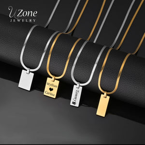 Uzone Engrave Square Pendant Necklaces Name Date Blade Chain Stainless Steel