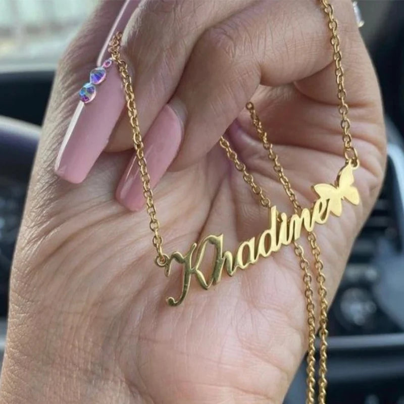 Butterfly Name Necklace Stainless Steel Chain Cursive Personalized Jewelry