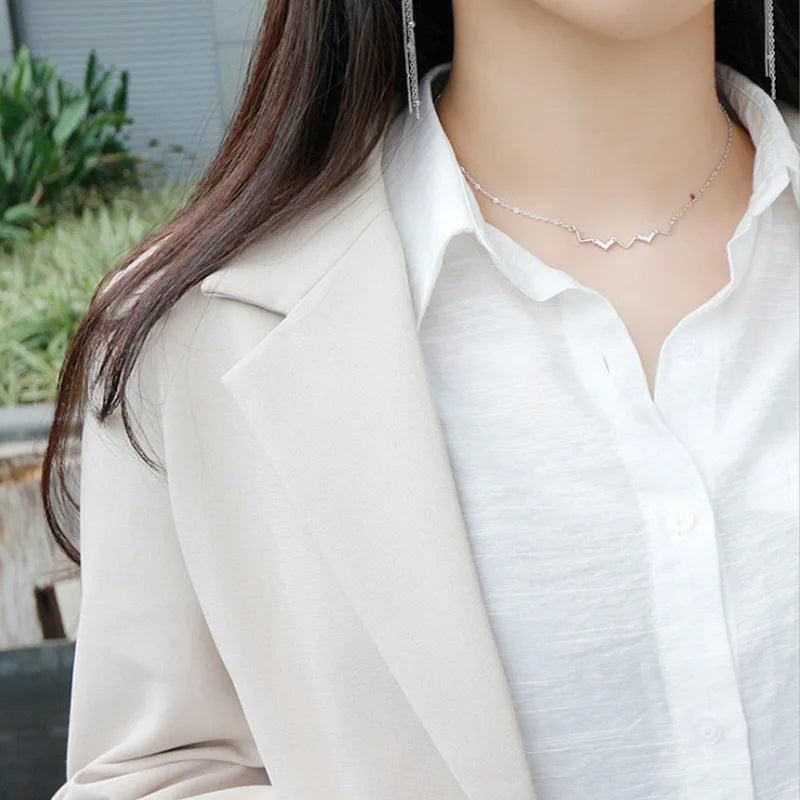 Wave Shape Pendant 925 Silver CZ Necklace Choker