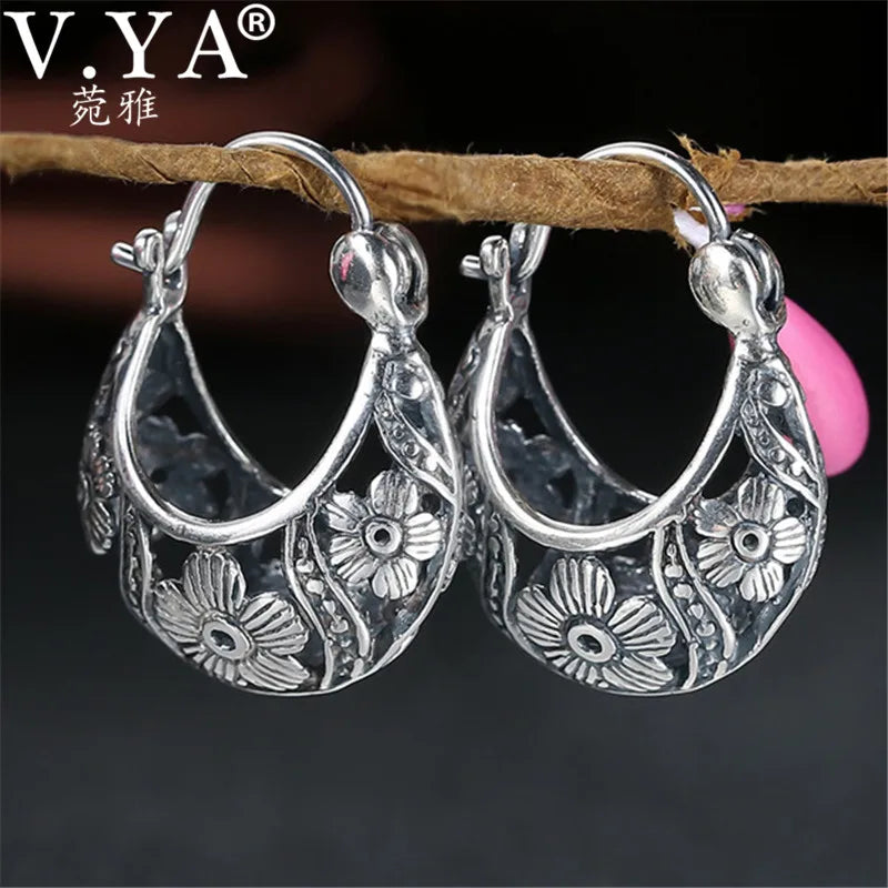 Vintage Flower Hoop Earrings 925 Sterling Silver Brincos Women Mother Gift