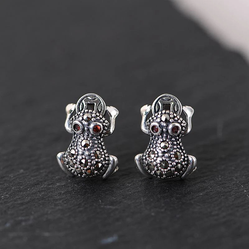 925 Silver Frog Stud Earrings For Women Retro Sterling Silver Animal Earrings