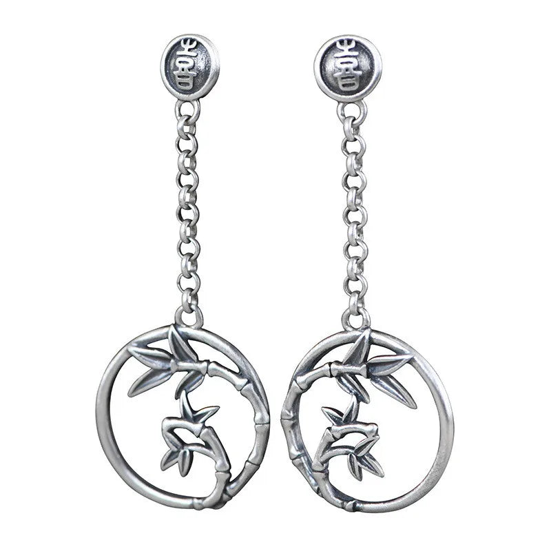 925 Silver Bamboo Leaf Tassel Earrings Artistic Temperament