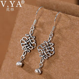 925 Silver Chinese Knot Drop Earrings Women Retro Jewelry